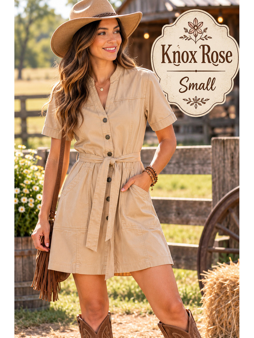 Knox Rose | S | Cream Twill Short Sleeve Snap Front Utility Dress